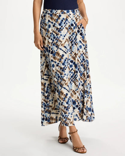 Chico's Faux Silk Printed Maxi Skirt Passport Blue