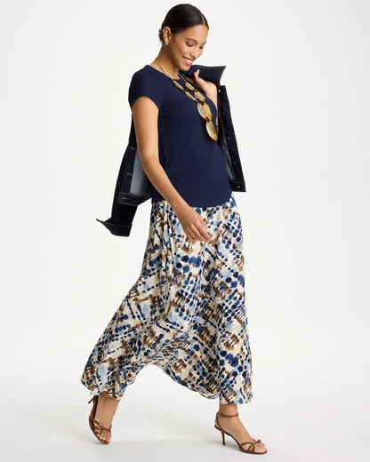 Chico's Faux Silk Printed Maxi Skirt Passport Blue