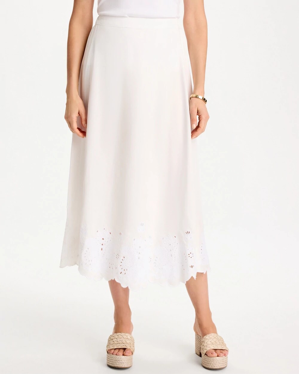 Chico's Alabaster Twill Embroidered Hem Skirt Alabaster
