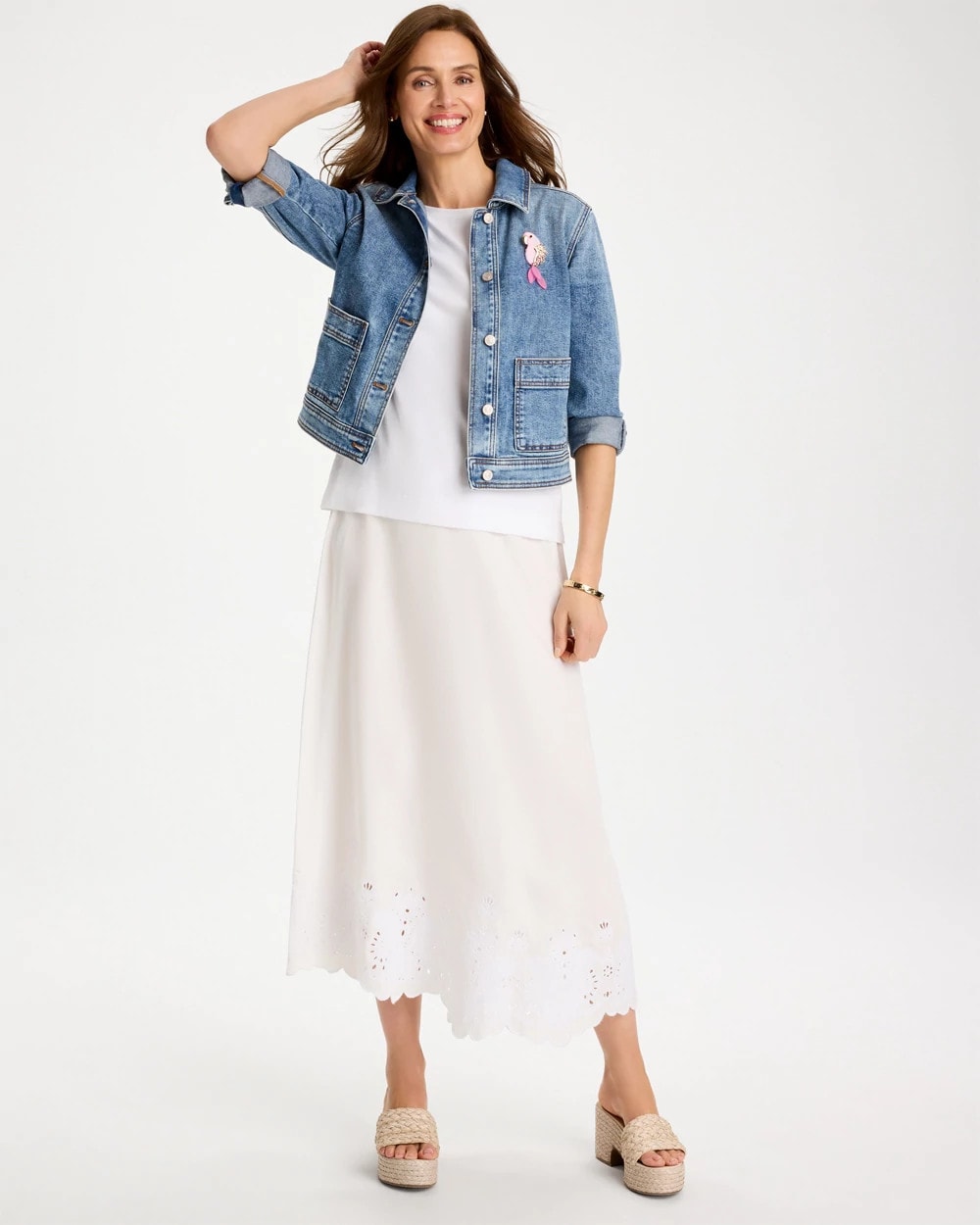 Chico's Alabaster Twill Embroidered Hem Skirt Alabaster