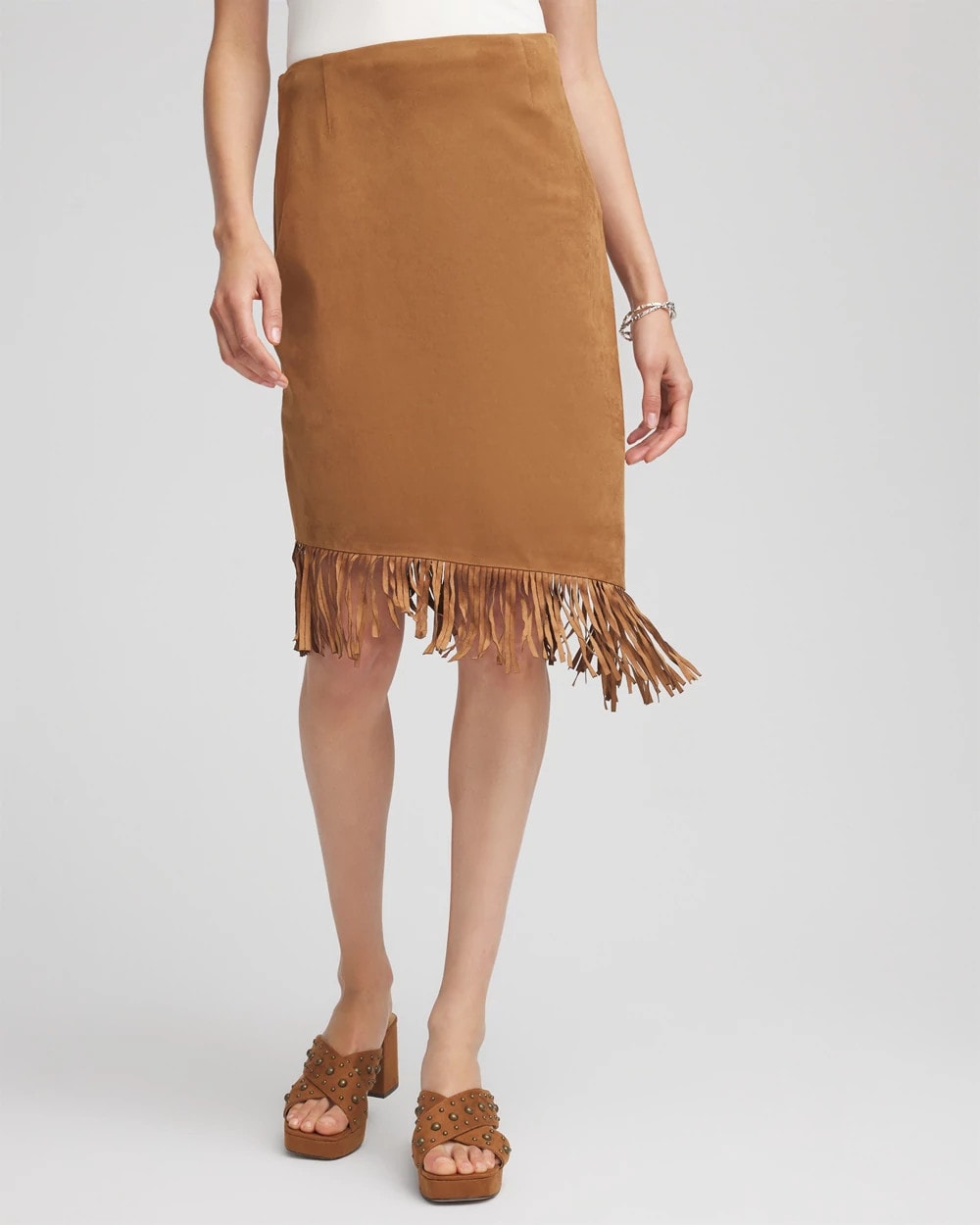 Chico's Suede Fringed Asymmetrical Skirt Burnt Sienna