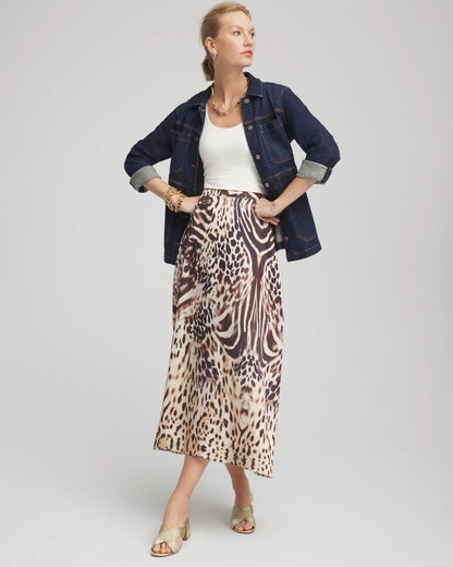 Chico's Animal Bengal Marks Faux Satin Skirt Black