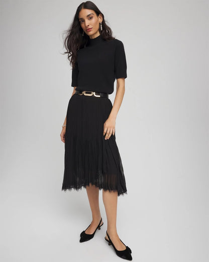 Chico's Pleated Lace Hem Midi Skirt Black