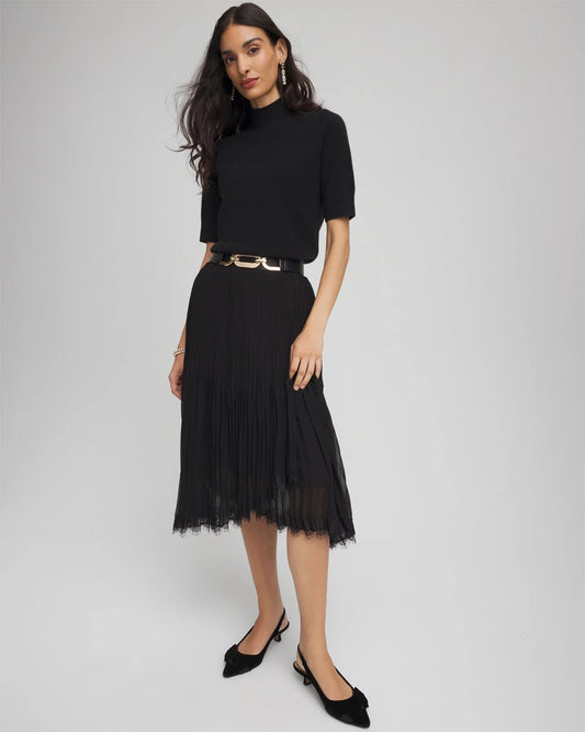 Chico's Pleated Lace Hem Midi Skirt Black