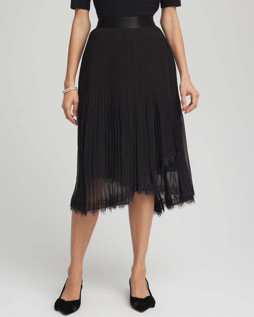 Chico's Pleated Lace Hem Midi Skirt Black