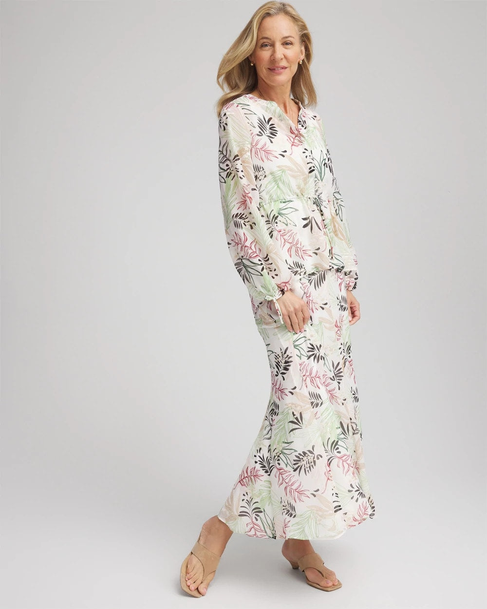 Chico's Floral Embroidered Crinkle Maxi Skirt Ecru
