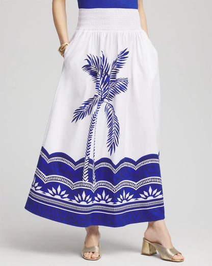 Chico's Tropical Smocked Waist Pull-On Skirt Alabaster