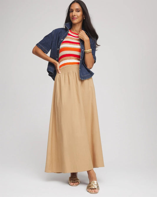 Chico's Smocked Pull-On Midi Skirt Cafe Aroma