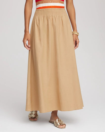 Chico's Smocked Pull-On Midi Skirt Cafe Aroma