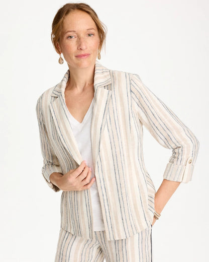 Chico's Striped Linen Roll Sleeve Blazer Neutral