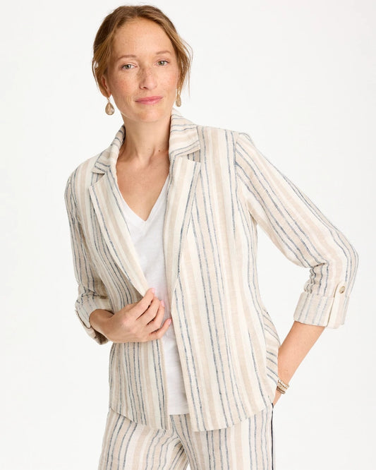 Chico's Striped Linen Roll Sleeve Blazer Neutral