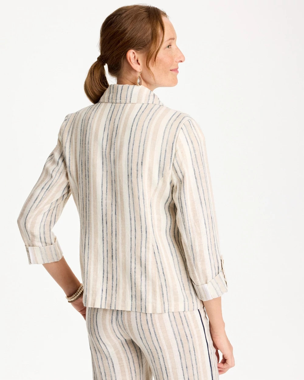 Chico's Striped Linen Roll Sleeve Blazer Neutral