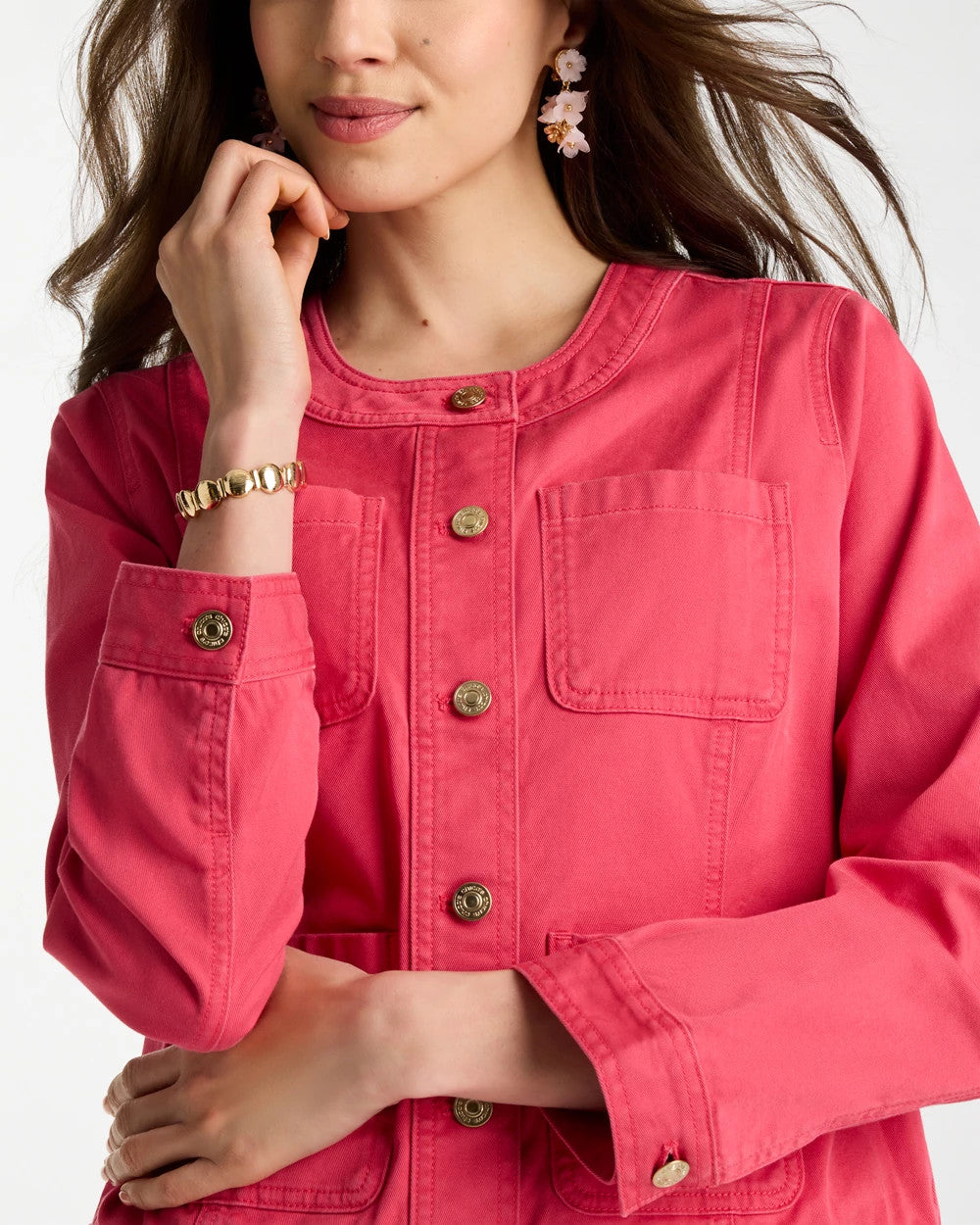 Chico's Collarless Twill Box Jacket Hot Honeysuckle