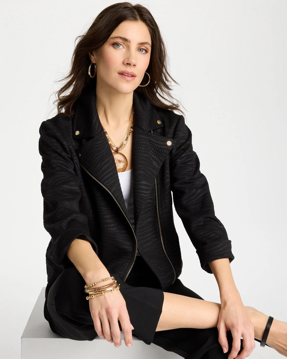 Chico's Embossed Knit Moto Jacket Black