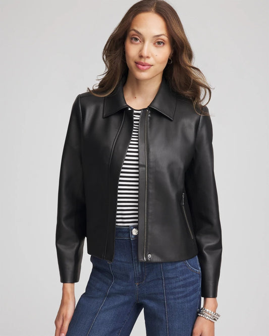 Chico's Faux Leather Zip-Front Jacket Black