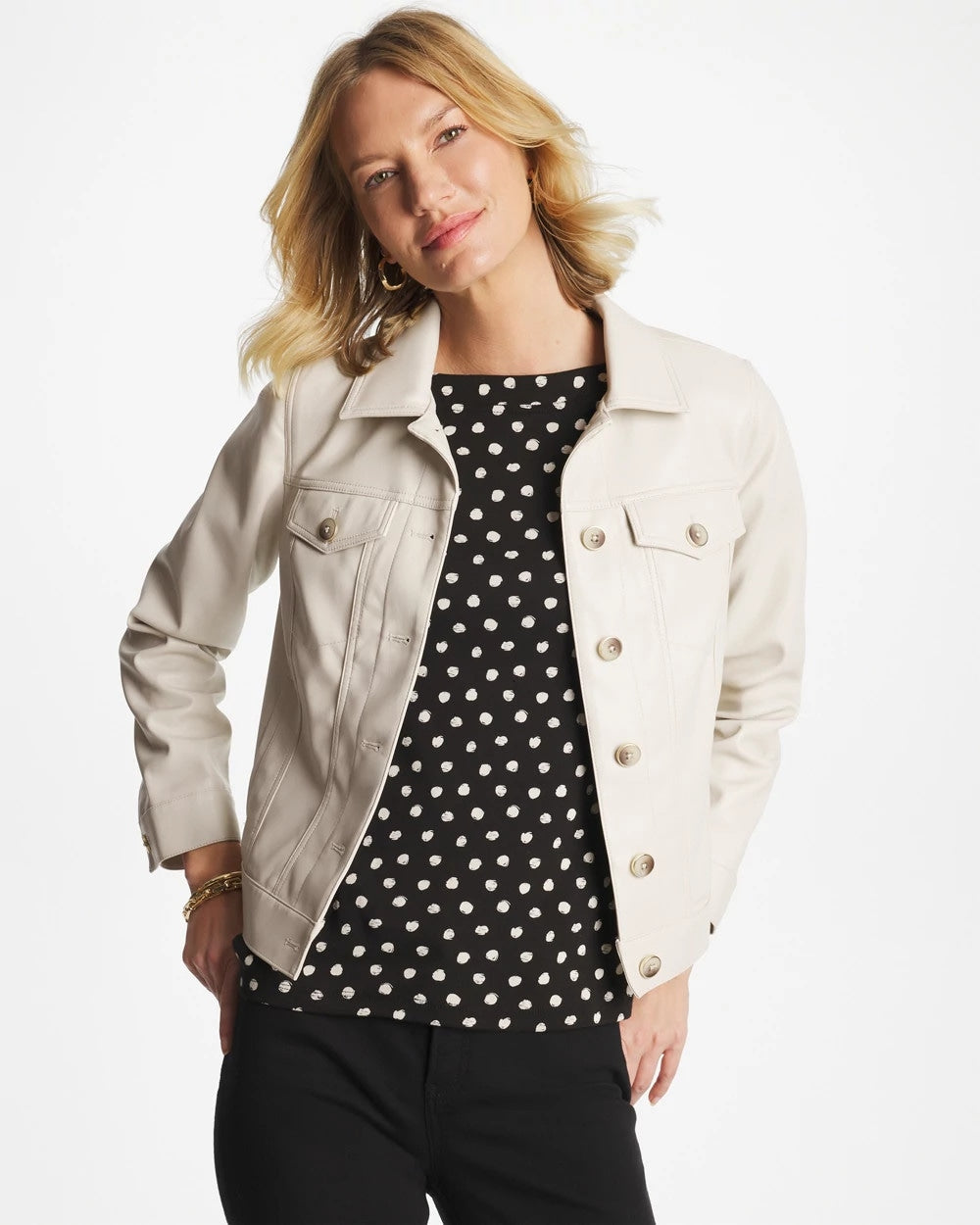 Chico's Faux Leather Trucker Jacket White Truffle
