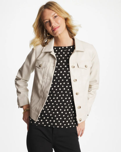 Chico's Faux Leather Trucker Jacket White Truffle