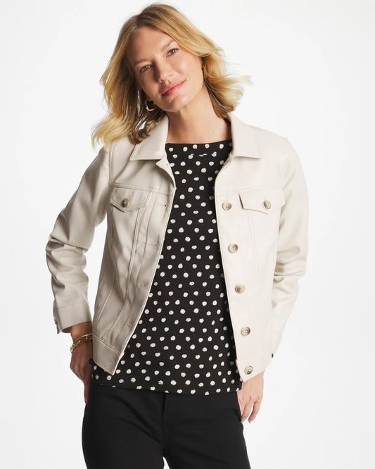 Chico's Faux Leather Trucker Jacket White Truffle