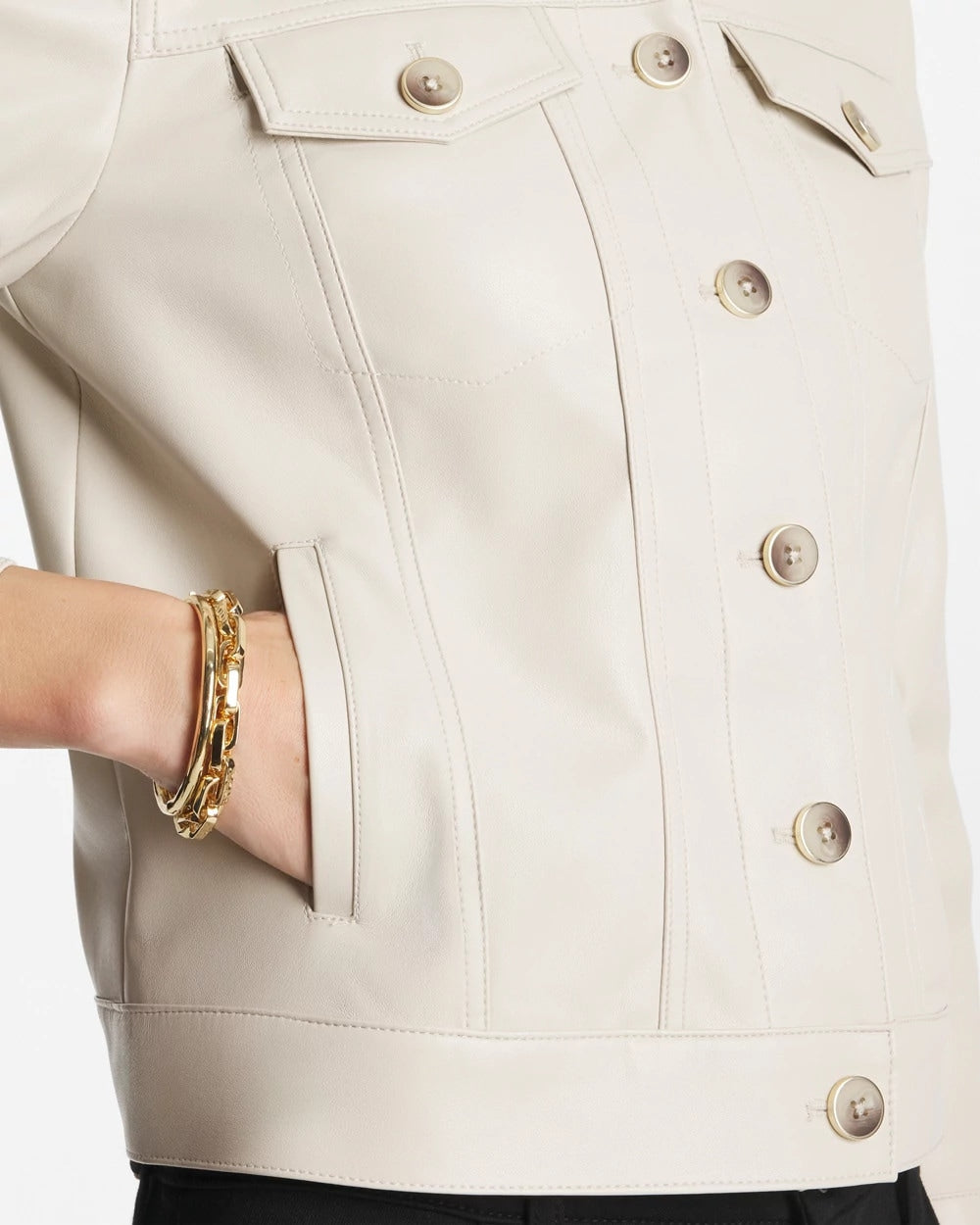 Chico's Faux Leather Trucker Jacket White Truffle
