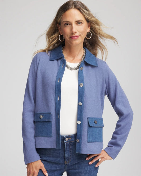 Chico's Denim Colorblock Marl Shirt Jacket Blue Lotus