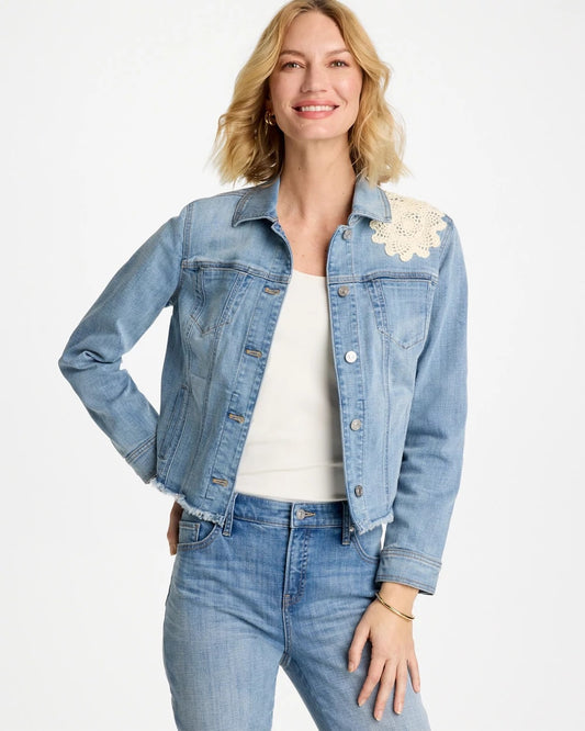 Chico's Embroidered Frayed Denim Trucker Jacket Coral Reef Indigo