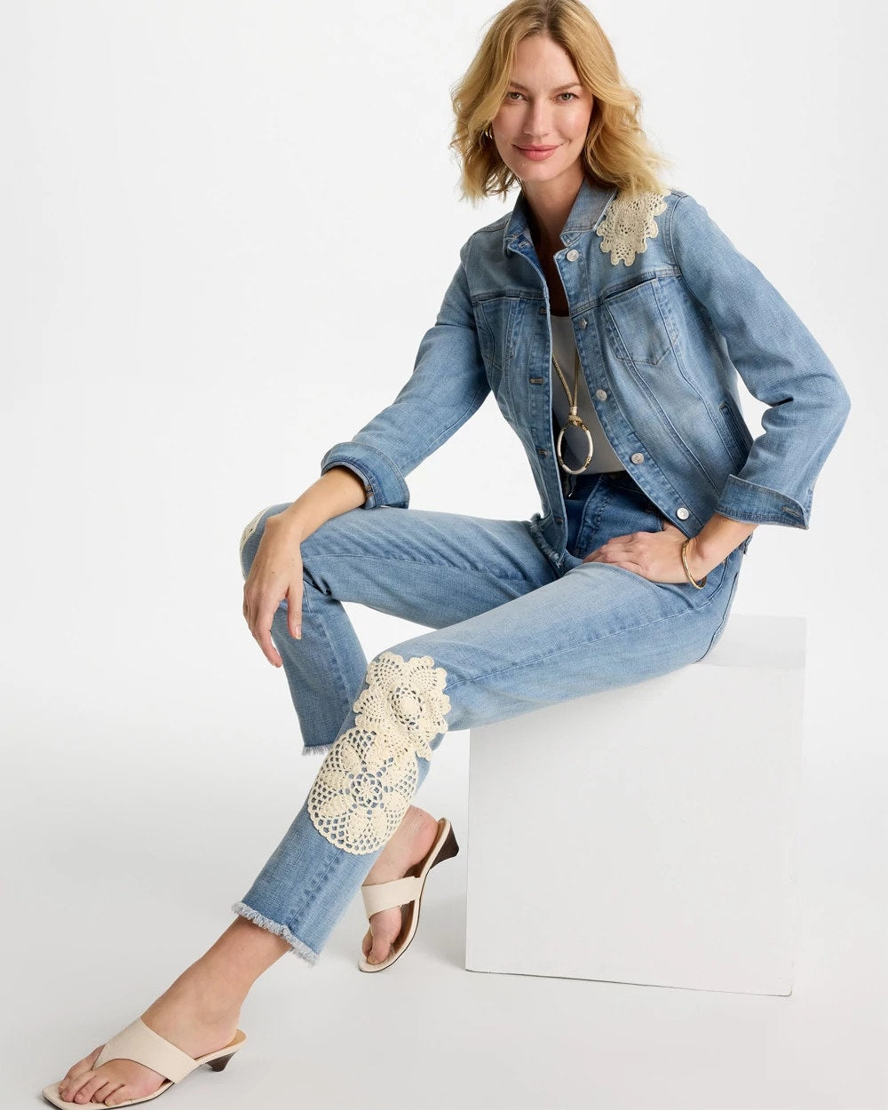 Chico's Embroidered Frayed Denim Trucker Jacket Coral Reef Indigo