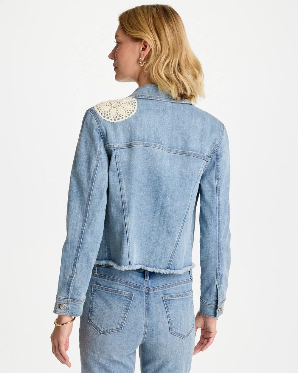 Chico's Embroidered Frayed Denim Trucker Jacket Coral Reef Indigo