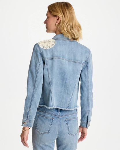 Chico's Embroidered Frayed Denim Trucker Jacket Coral Reef Indigo