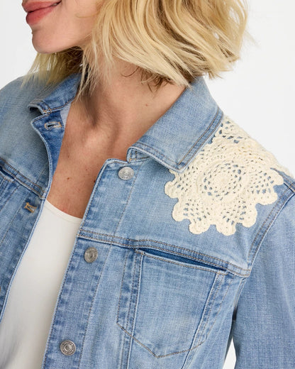 Chico's Embroidered Frayed Denim Trucker Jacket Coral Reef Indigo
