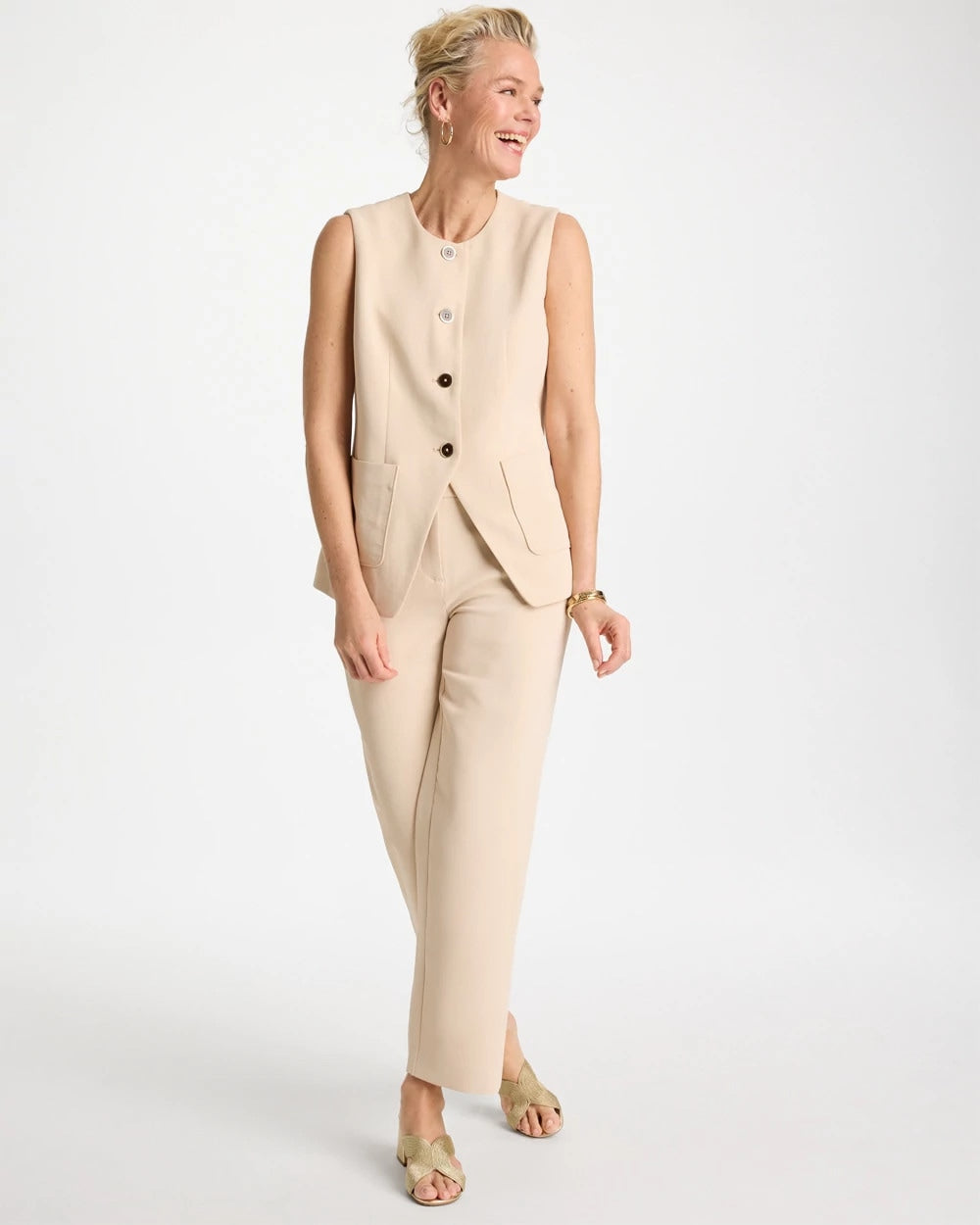 Chico's Split Hem Crepe Vest Pale Sand