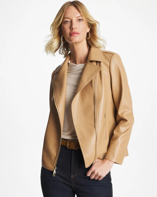 Chico's Faux Leather Moto Jacket Creme Coffee