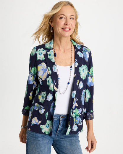 Chico's Printed Slub Knit Blazer Passport Blue