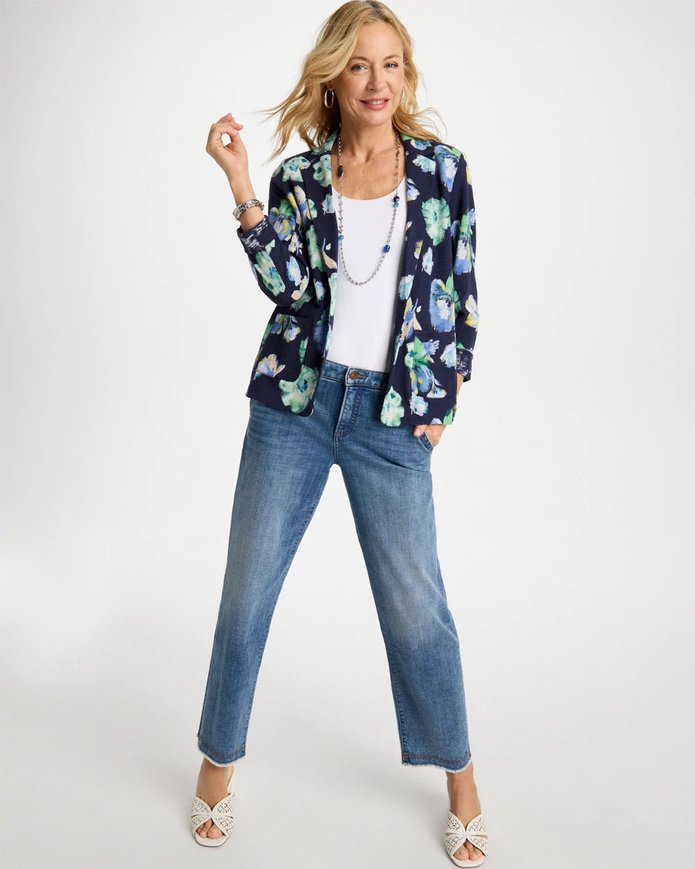 Chico's Printed Slub Knit Blazer Passport Blue