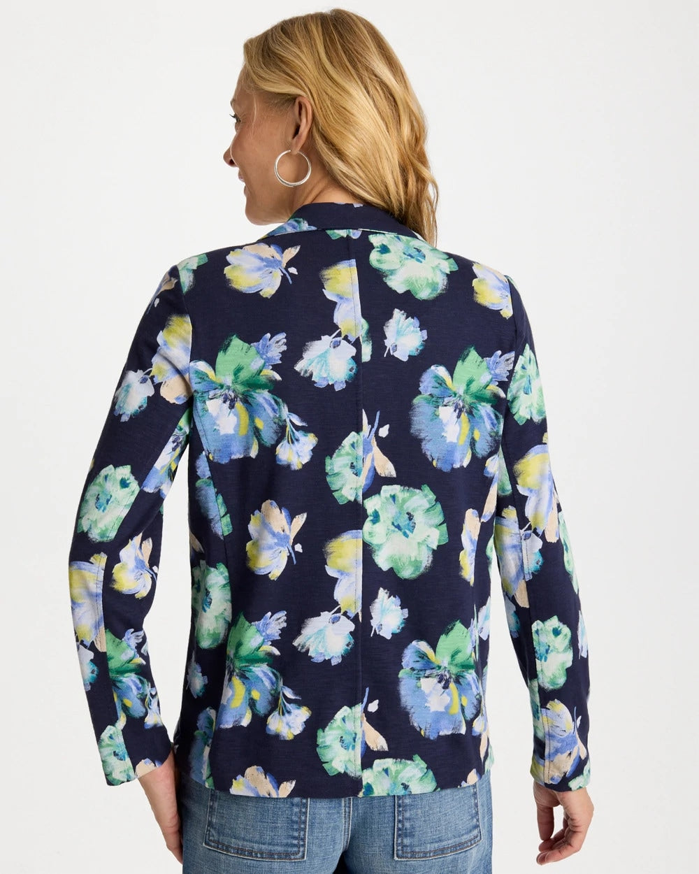 Chico's Printed Slub Knit Blazer Passport Blue