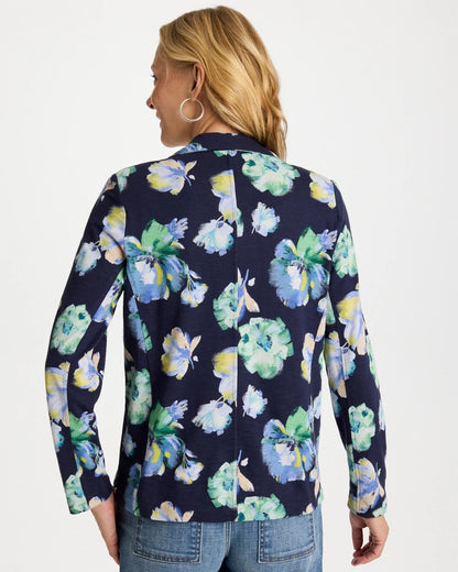 Chico's Printed Slub Knit Blazer Passport Blue