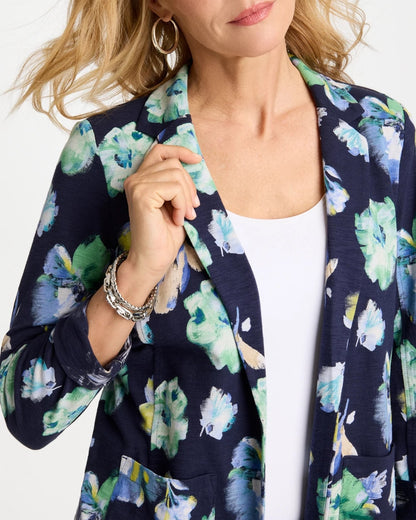 Chico's Printed Slub Knit Blazer Passport Blue