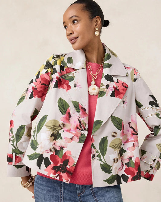 Chico's Cotton-Stretch Floral Trench Coat Smokey Taupe