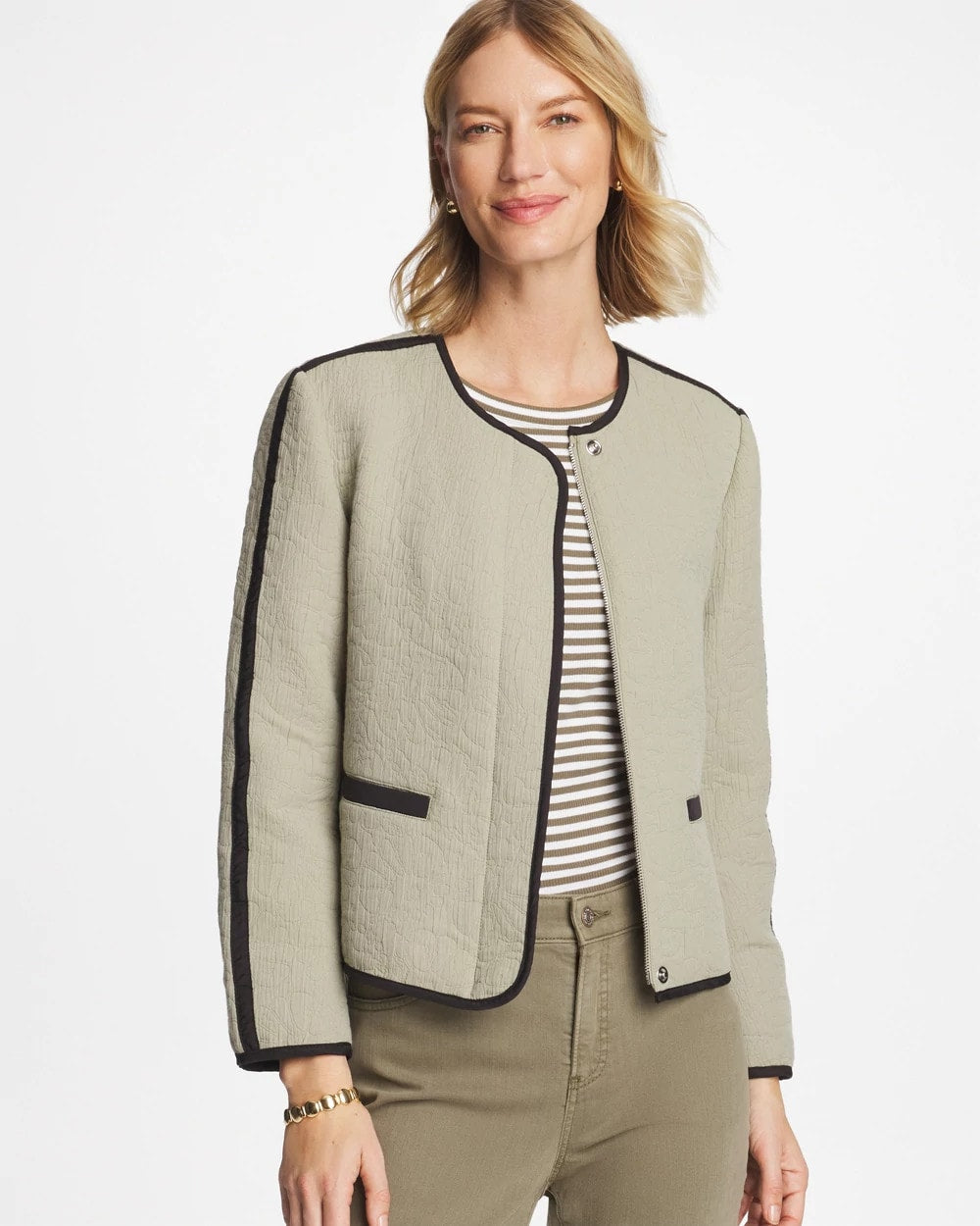 Chico's Collarless Quilted Box Jacket Seagrass Green