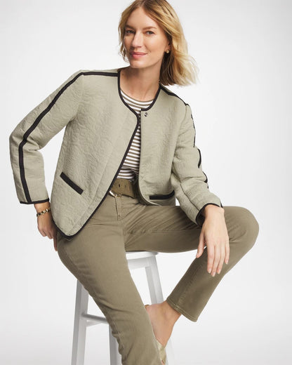 Chico's Collarless Quilted Box Jacket Seagrass Green