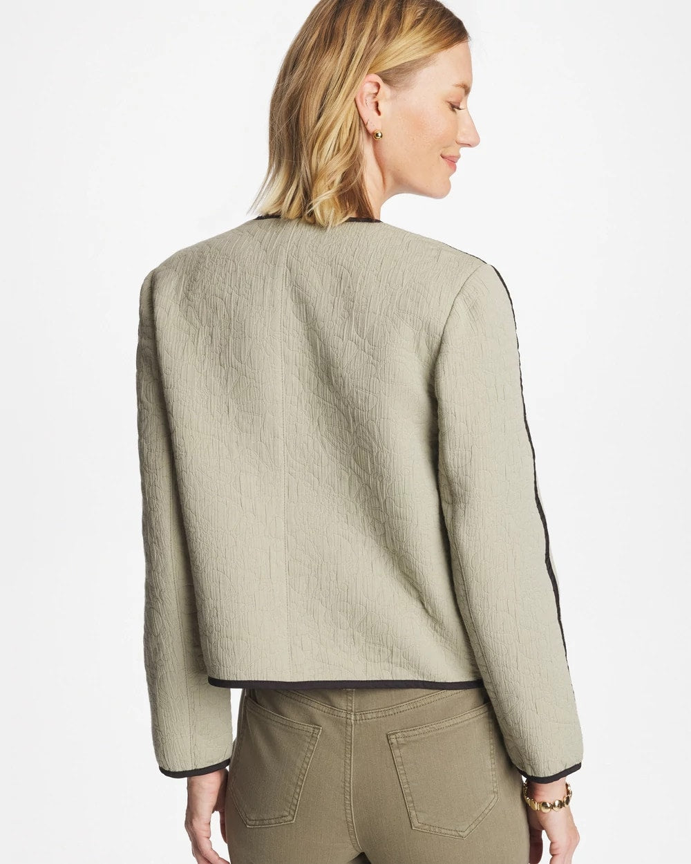 Chico's Collarless Quilted Box Jacket Seagrass Green