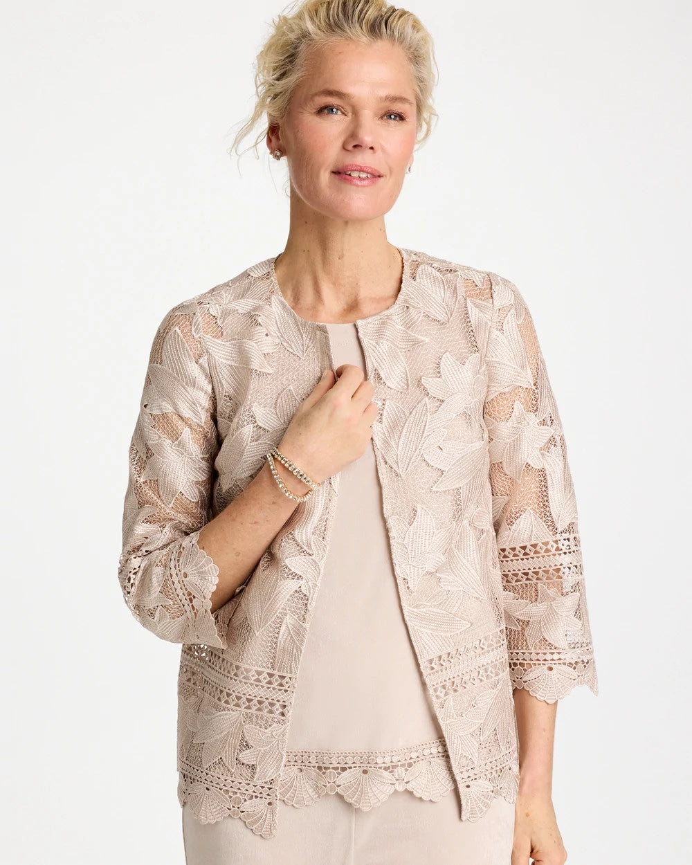 Chico's Travelers™ Collection Scallop Lace Jacket Smokey Taupe