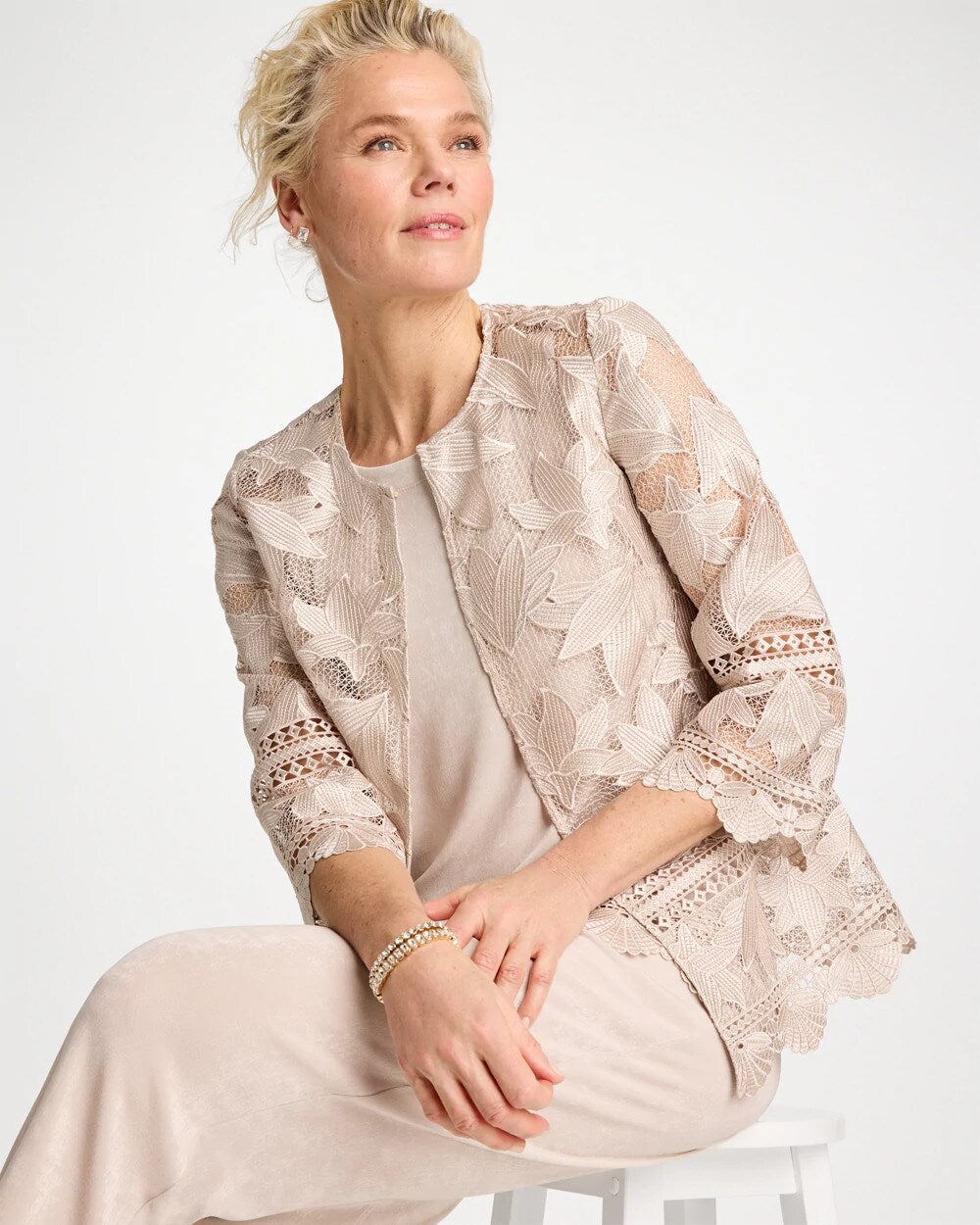 Chico's Travelers™ Collection Scallop Lace Jacket Smokey Taupe