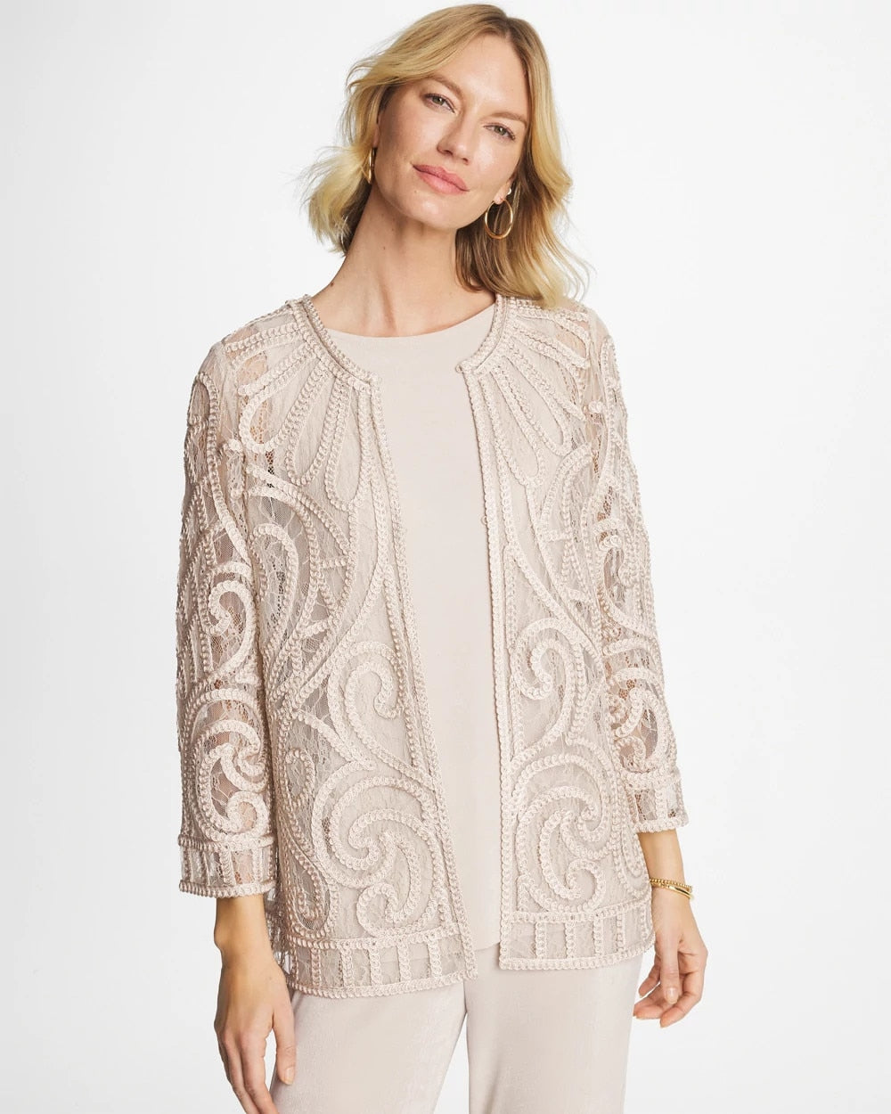Chico's Travelers™ Short Embroidered Lace Jacket Smokey Taupe