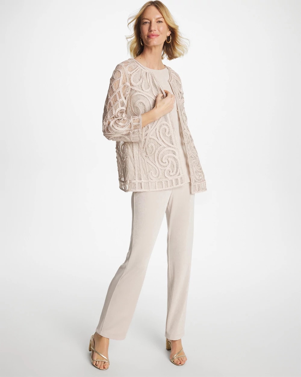Chico's Travelers™ Short Embroidered Lace Jacket Smokey Taupe