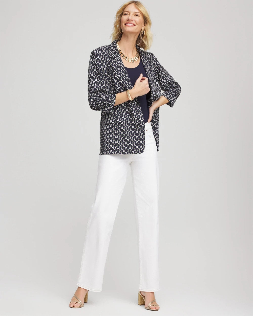Chico's Printed Soft Crepe Blazer Passport Blue