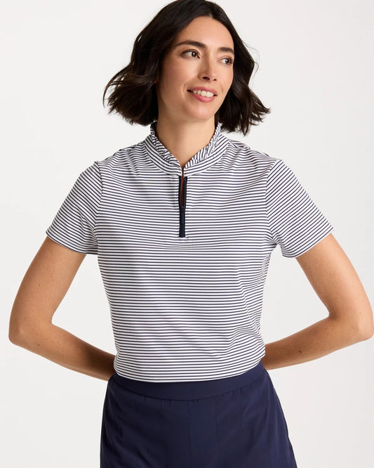 Chico's Zenergy® UPF Ruffle Striped Half Zip Passport Blue