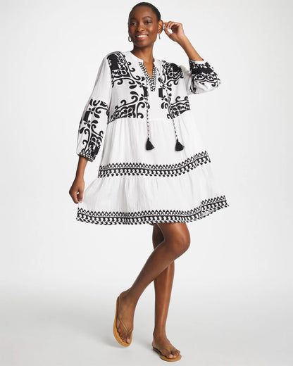 Chico's Woven Printed Swim Cover-Up Dress Alabaster