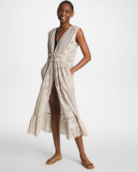 Chico's Woven Eyelet Swim Cover-Up Dress Smokey Taupe