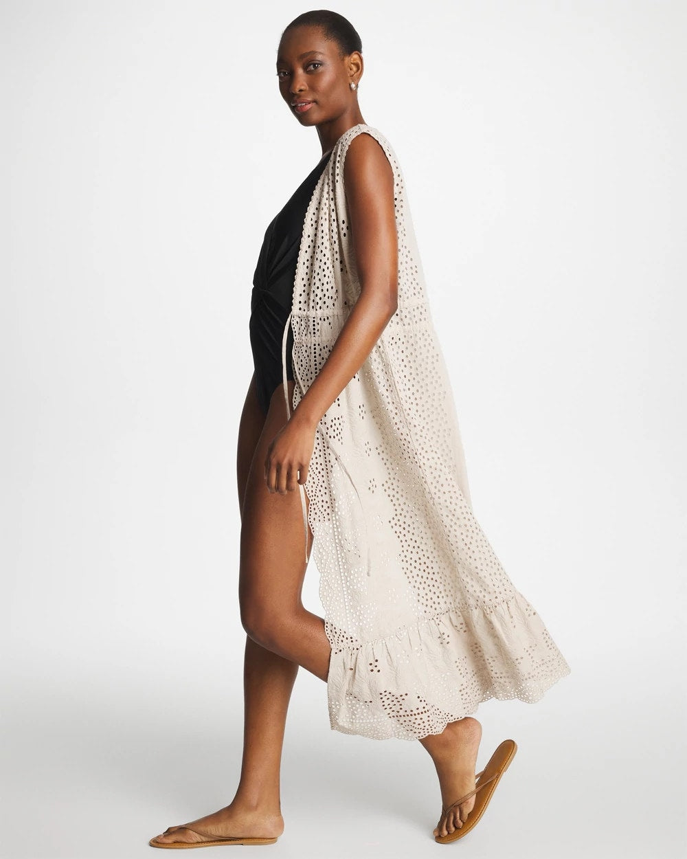 Chico's Woven Eyelet Swim Cover-Up Dress Smokey Taupe