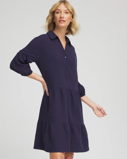Chico's Woven Tiered Swim Cover-Up Dress Passport Blue
